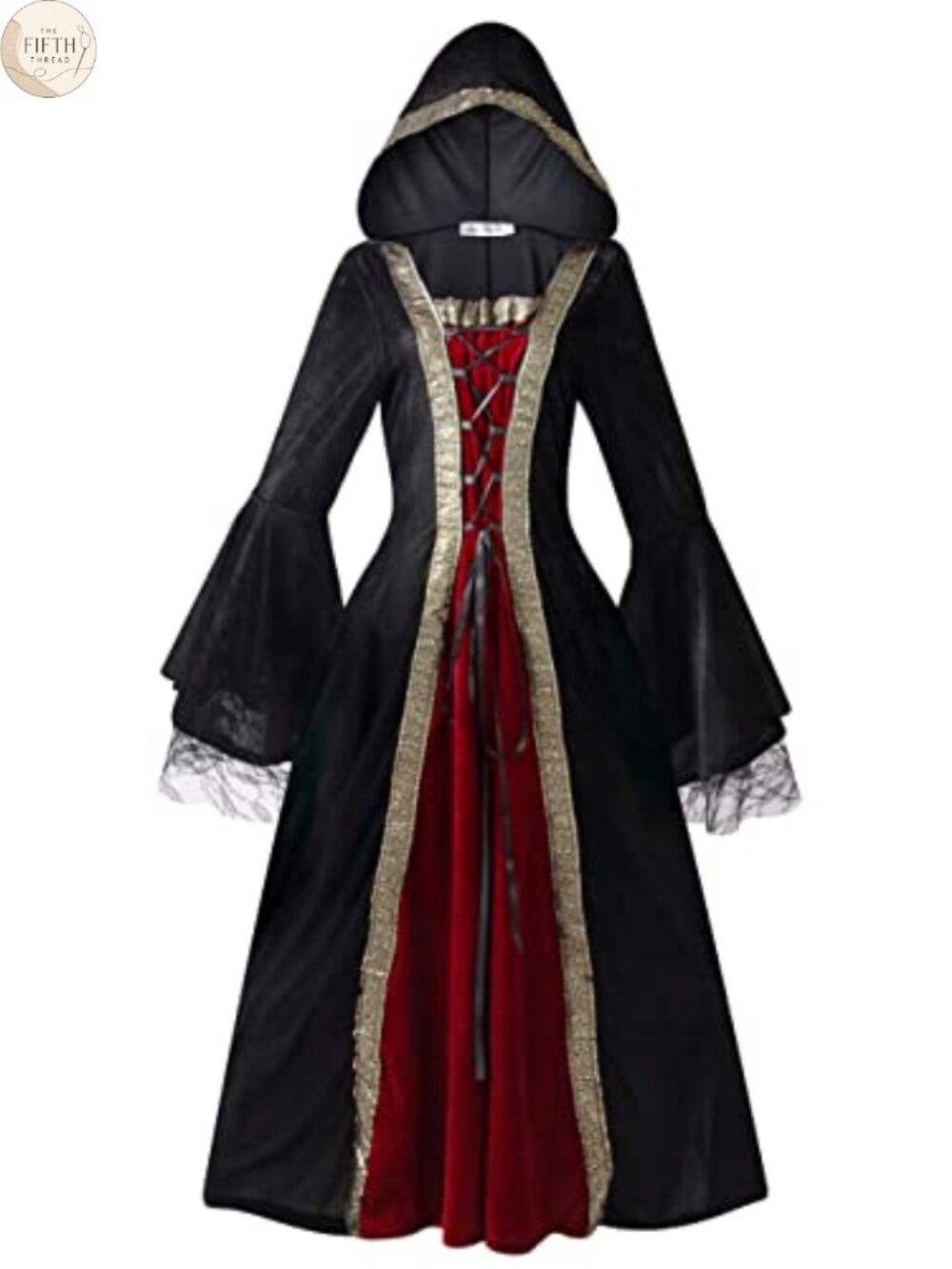 Hooded Medieval Renaissance Costume Dress Lace Flare Sleeve Floor Length